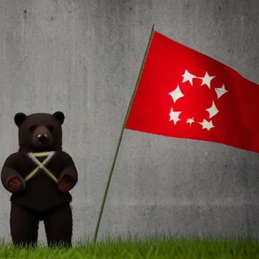 Image similar to a portrait of a socialist bear in a green military uniform with a hat, waving a red flag in Berlin, 4K realistic, hyper detailed, cinematic lighting, wow factor, award winning photo