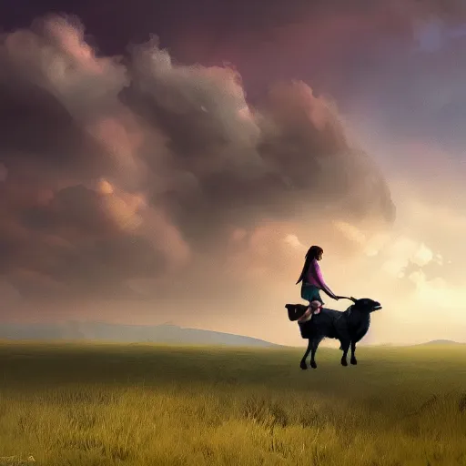 Image similar to girl riding a giant sheep in a field, trending on artstation