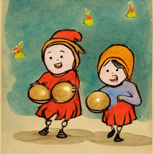 Prompt: two orphans with hats and middle ages simple clothes holding eggs with their arms, orphans running from a flying angry chicken, illustration for children, bright faded watercolor on grainy paper,. accurate anatomy. symmetry.