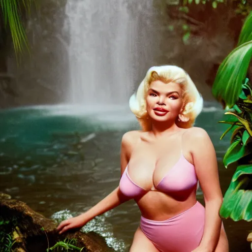 Image similar to a very beautiful sundance award winning image of jayne mansfield under a tropical waterfall, full body, pale pink bikini, pink lipstick, detailed face, cinematic lightning, golden hour, medium shot, softblur, filmgrain, cryengine, raytracing, by gil elvgren, robert maguire, rudolf belarski