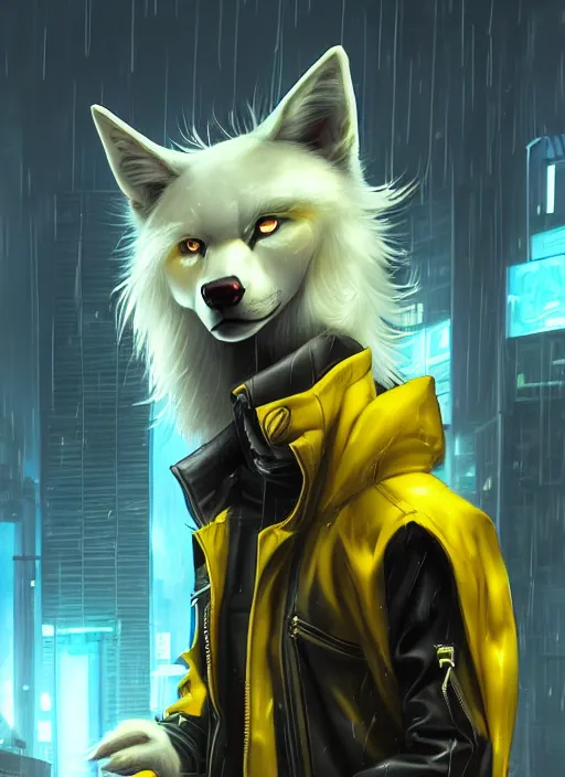 Image similar to award winning beautiful portrait commission of a male furry anthro albino wolf fursona with a tail and a cute beautiful attractive detailed furry face wearing stylish black and yellow cyberpunk biker clothes in a cyberpunk city at night while it rains. Character design by charlie bowater, ross tran, artgerm, and makoto shinkai, detailed, inked, western comic book art