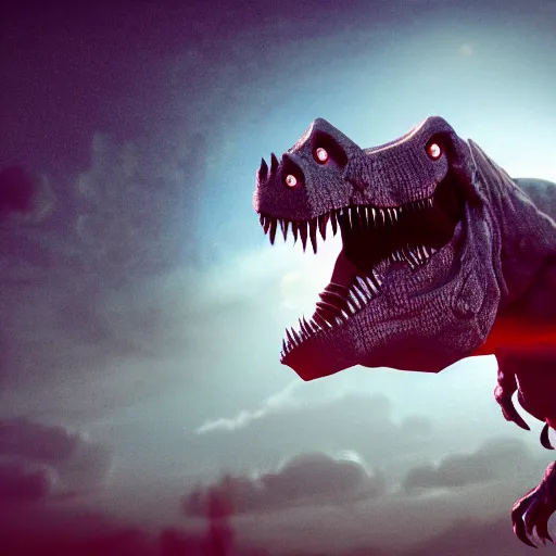 Prompt: Realistic, high quality photograph of a angry, demonic T-Rex dinosaur standing in the distance in the style of devilcore, gorecore, 3D render, blender render, realistic skin, twilight, glows, detailed, studio quality, HD image,