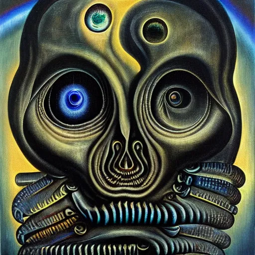 Prompt: peer into the depths of the endless cosmic void, shine a light on your fears. hr giger, oil on canvas
