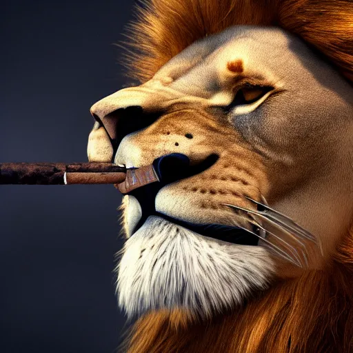 Image similar to a lion smoking a cigar, dramatic lighting, cinematic, establishing shot, extremely high detail, foto realistic, cinematic lighting, post processed, concept art, high details, cinematic, 8k resolution, beautiful detailed, photorealistic, digital painting, artstation, concept art, smooth, sharp focus, artstation trending, octane render, unreal engine