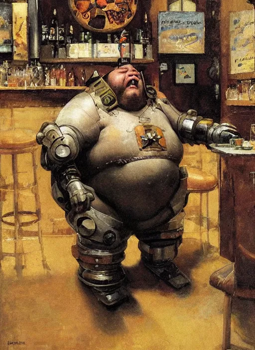 Prompt: head and shoulders portrait of a fat armoured cyborg enjoying himself in a pub, by normal rockwell and greg staples and john singer sargent