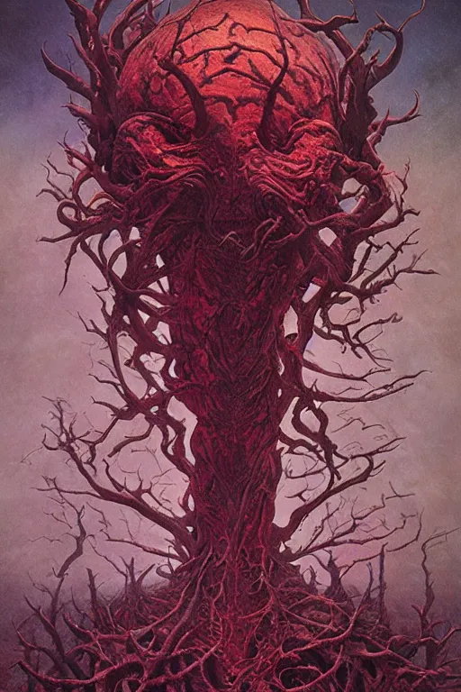 Prompt: cosmic horror eldritch lovecraftian the scarlet king of thorns by wayne barlowe, agostino arrivabene, denis forkas