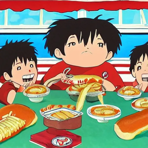 Image similar to a painting portrait of arsenal players eating hot dogs, studio ghibli,