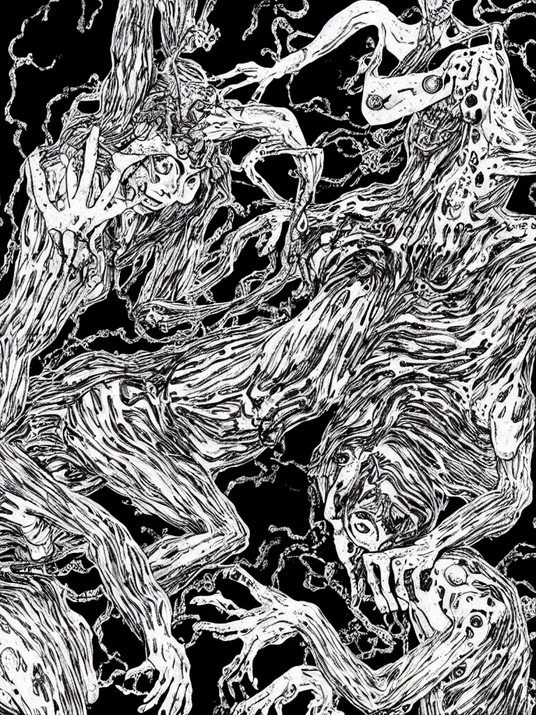 Prompt: black and white illustration creative design junji ito body horror monster