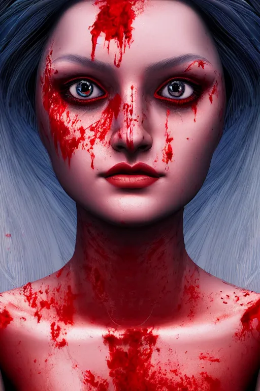 Image similar to portrait of the blood goddess, deep blue eyes, ocean waves in eyes, enigmatic beauty, dominant shades of crimson and red and black, 3 d render, digital art, oriental silver ornaments, artstation