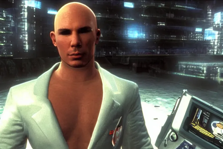 Image similar to pitbull mr. worldwide in a ps 1 game, in 2 0 5 5, y 2 k cybercore, still from a ridley scott movie