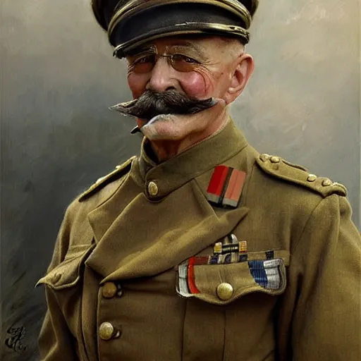 Prompt: old dog with big mustache dressed as a veteran colonel of the first world war german army, highly detailed painting by gaston bussiere, craig mullins, j. c. leyendecker