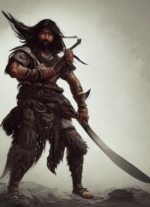 Prompt: a highly detailed illustration of serious long haired asian tribal warrior man with machete, heroic wielding machete pose, intricate, elegant, highly detailed, centered, digital painting, artstation, concept art, smooth, sharp focus, league of legends concept art, wlop.