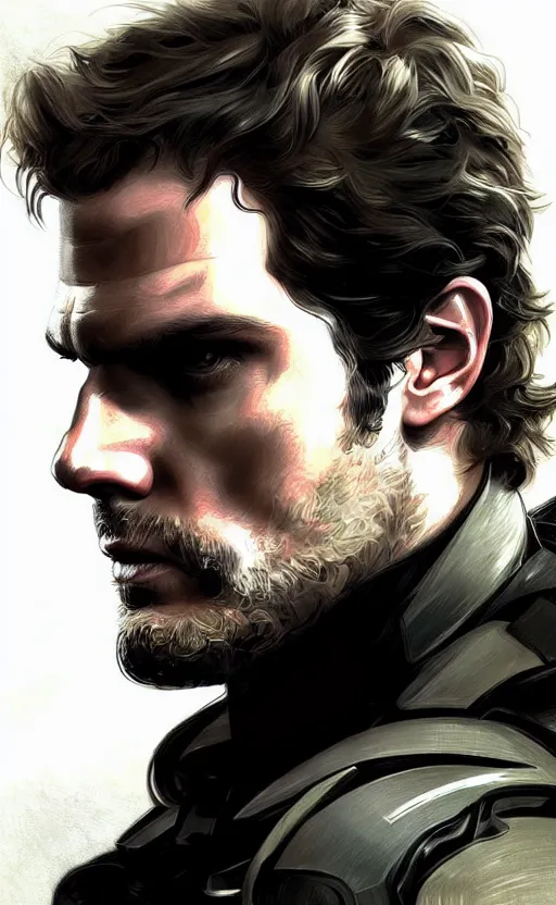 Image similar to portrait of henry cavill as solid snake, eye patch, metal gear solid, upper body,, henry cavill!!!, fantasy, intricate, elegant, highly detailed, digital painting, artstation, concept art, smooth, sharp focus, illustration, art by artgerm and greg rutkowski and alphonse mucha