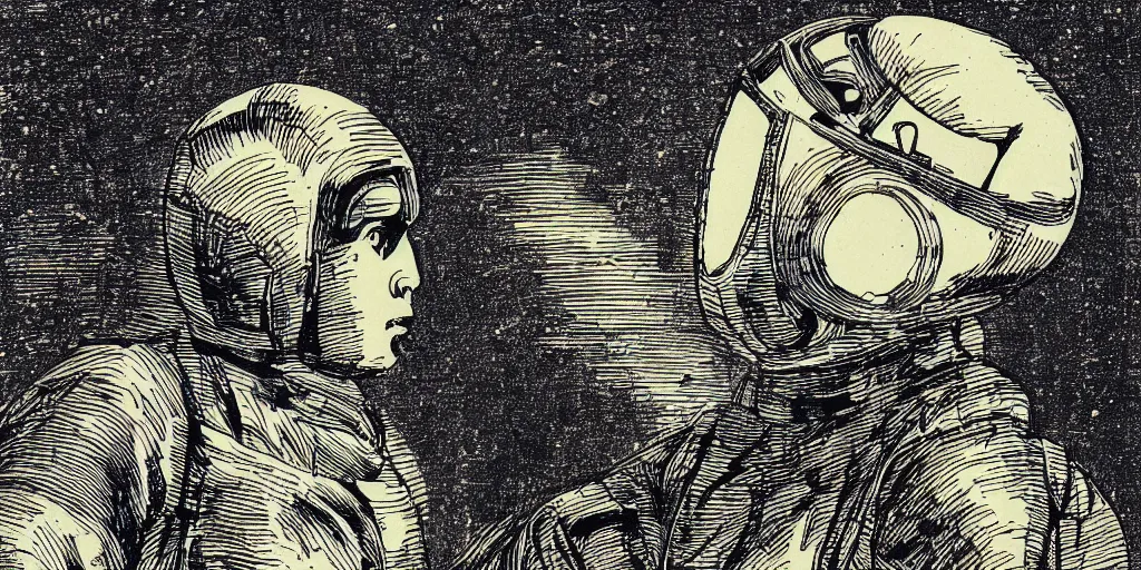 Image similar to portrait of a person wearing a space helmet, in the style of Goya etchings