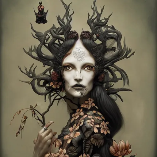 Image similar to fantasy portrait of a woman made of obsidian and smoke, carved Japanese Sakura wood organic overgrowth, holding nevermore, peter mohrbacher, artgerm, James Jean