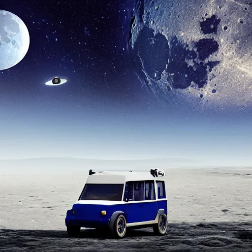 Image similar to a dark blue mototaxi traveling on the surface of the moon, moon craters, night sky, milky way, hard lighting, matte painting, concept art, 4k