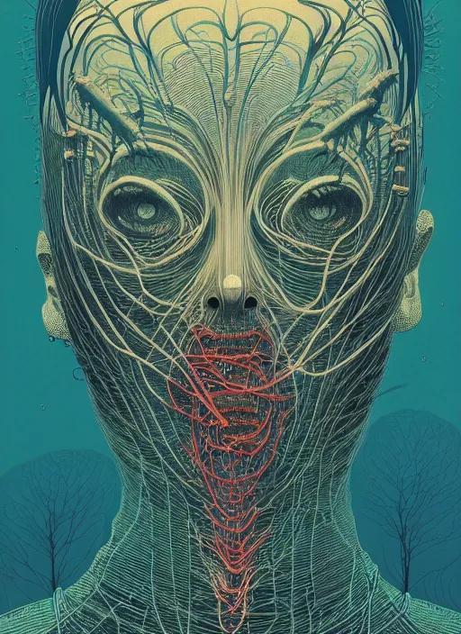 Image similar to symmetry!! stunning portrait of a demon!! by victo ngai, moody colors, dynamic lighting, horror!! body horror digital art, winning award masterpiece, fantastically beautiful, illustration, aestheticly inspired by beksinski and dan mumford, trending on artstation, art by greg rutkowski and david cronenberg and h r giger, 8 k