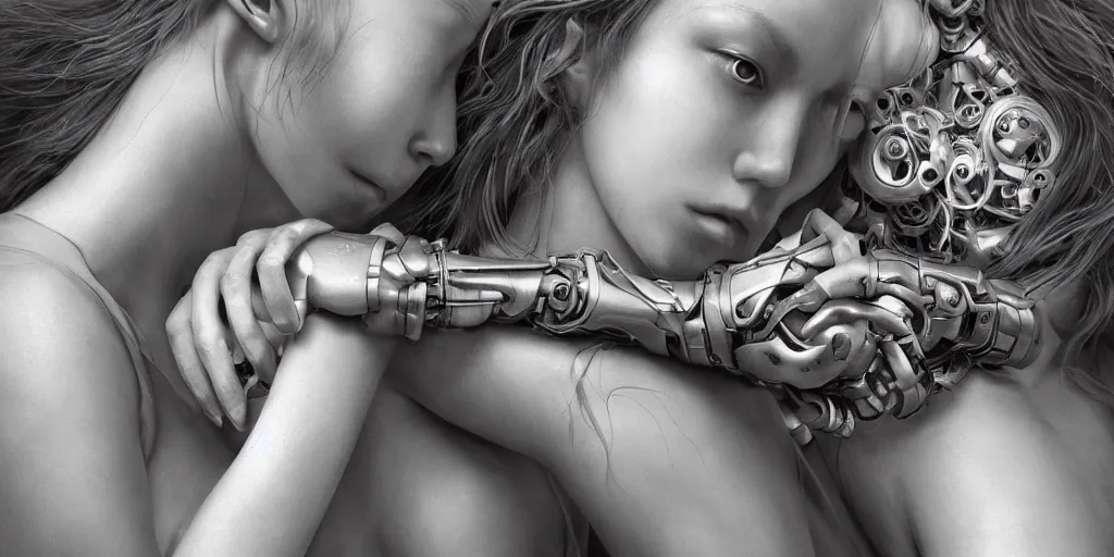 Prompt: hyperrealistic photography of a stunningly beautiful cyborg female, mechanical elbow, plated arm, intimate, holding hands, in the style of beth cavener, jin kagetsu,, and wlop, highly detailed, intricate, face symmetry, masterpiece, award - winning, sharp focus, concept art, high key, ambient lighting, 8 k, artstation