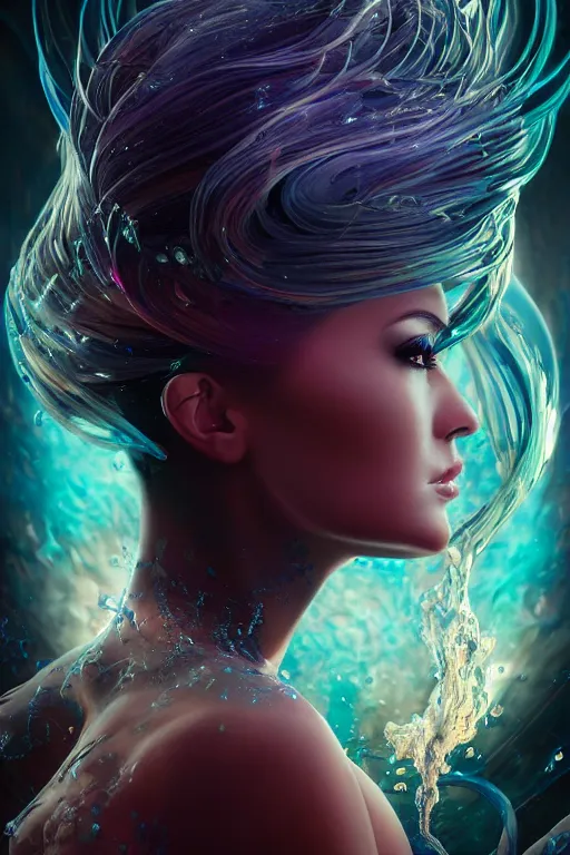Image similar to a profile photo real render of an alluring futuristic goddess with digital modifications surrounded by a underwater ink pour and flowing liquid gallium and complex sacred geometry, perfect body and face, powerful, cinematic, beautifully lit, by artgerm, by karol bak, 3 d, trending on artstation, octane render, 8 k