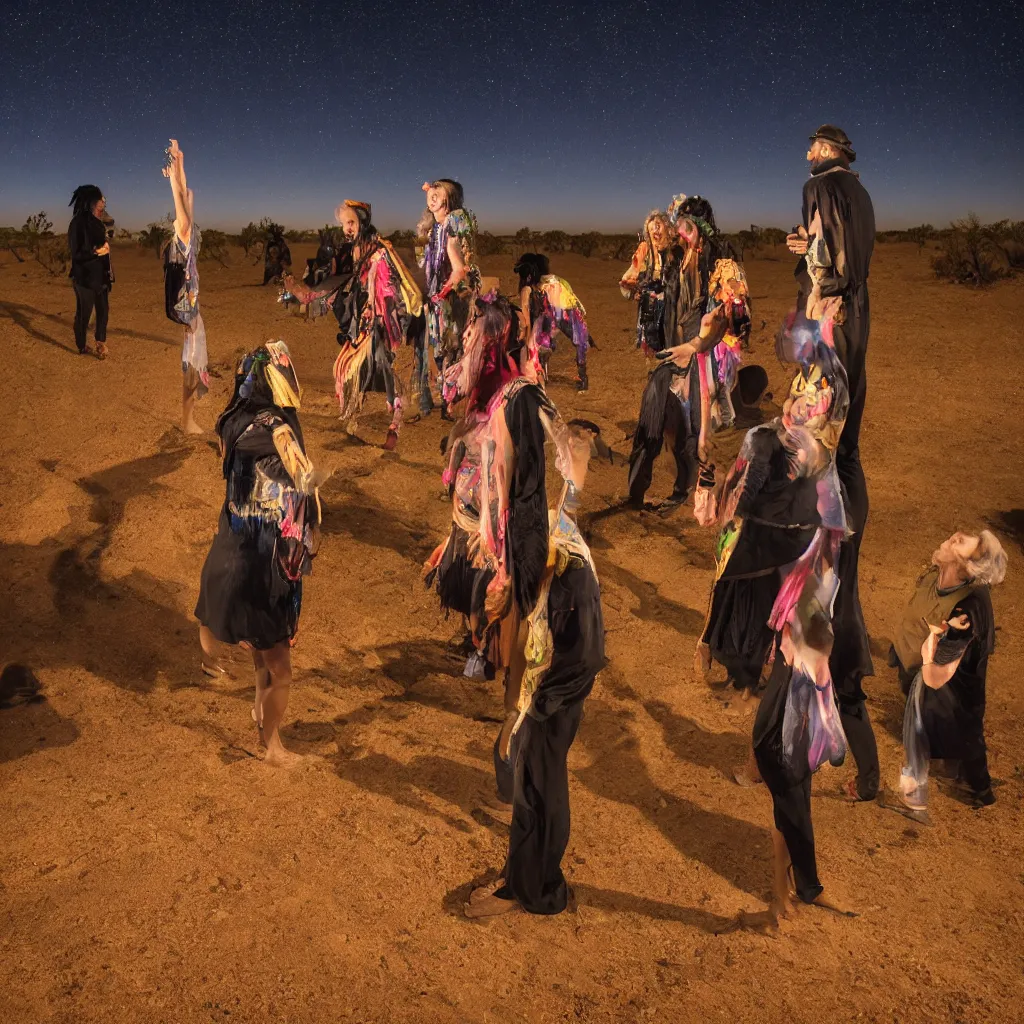 Image similar to photograph of three ravers, two men, one woman, woman is in a trenchcoat, blessing the soil at night, seen from behind, talking around a fire, two aboriginal elders, dancefloor kismet, diverse costumes, clean composition, desert transition area, bonfire, starry night, australian desert, xf iq 4, symmetry, sony a 7 r