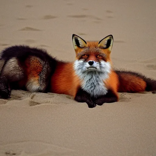 Image similar to fox chilling on the beach, photo, vaporwave