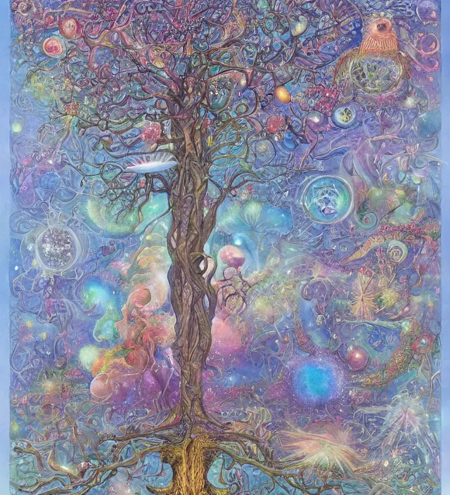 Prompt: the cosmic tree of life absorbs all galactical and masonic energy fields by daniel merriam, deep and rich colours,