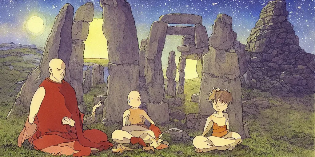 Prompt: a hyperrealist studio ghibli watercolor fantasy concept art of a giant medieval monk in lotus position and a small grey alien in stonehenge with a starry sky in the background. a giant gold ufo is floating in the air. by rebecca guay, michael kaluta, charles vess