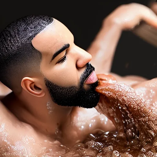 Image similar to Drake taking a bath with bananas, 8k, sharp, high details, detailed face