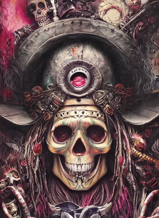 Prompt: mad hatter, aztec god, skull, highly detailed, cinematic, 8 k, by megan duncanson, benjamin lacombe, adrian borda, stanley artgermm, tom bagshaw, craig mullins, carne griffiths, ayami kojima, beksinski, giger, trending on deviantart, hyper detailed, horror, full of colour