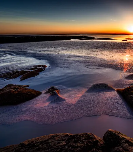 Prompt: sunrise over water, photographed with canon ef 1 4 mm f / 2. 8 l, award winning photography, fine art