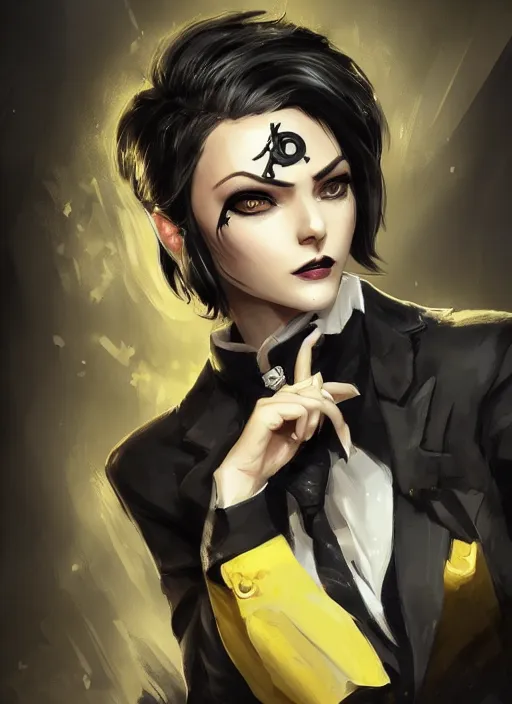 Image similar to a highly detailed illustration of beautiful short black messy haired woman wearing eyepatch and noir style suit and tie, yellow eyes, dramatic smiling pose, intricate, elegant, highly detailed, centered, digital painting, artstation, concept art, smooth, sharp focus, league of legends concept art, WLOP