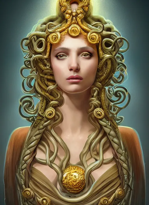 Prompt: professionally-made ultradetailed ornate award winning masterpiece RPG character portrait of beautiful symmetrical art deco Medusa radiating glowing aura, fully clothed with a flowery dress, digital airbrush painting, 3d rim light, hyperrealistic, artstation, cgsociety, kodakchrome, golden ratio, 1985