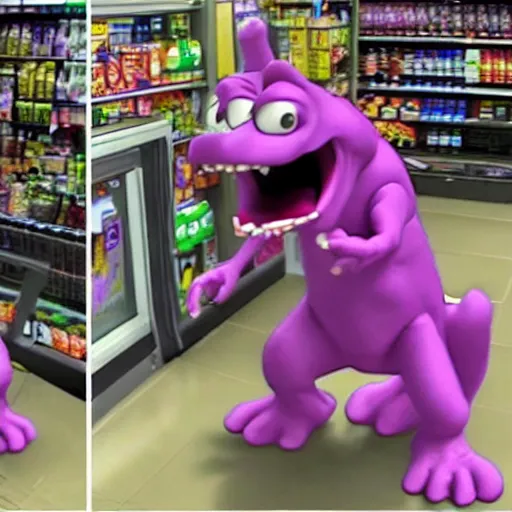 Image similar to security cam footage of barney the dinosaur robbing a convenience store