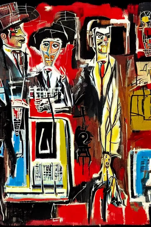 Prompt: scene from the godfather, mafia, basquiat - style, retro - futuristic