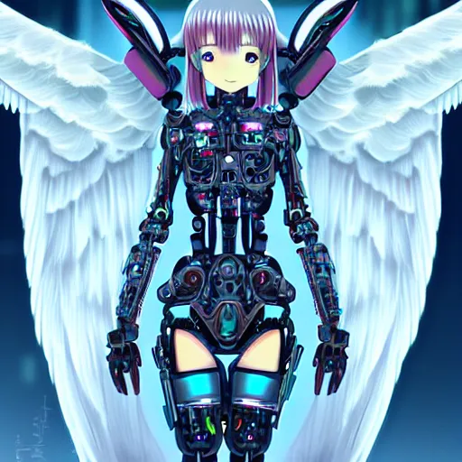 Image similar to cute small cyborg - angel girl with large angelic wings, left eye gold and right eye silver, biomechanical details, wearing epic bionic cyborg implants, digital cyberpunk - anime art, full body shot