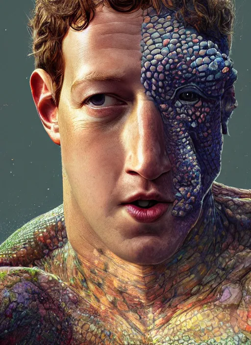 Image similar to portrait of mark zuckerberg as a lizard overlord shedding skin, hyper detailed, digital art, trending in artstation, cinematic lighting, studio quality, smooth render, unreal engine 5 rendered, octane rendered, art style by klimt and nixeu and ian sprigger and wlop and krenz cushart.