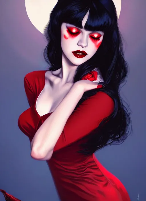 Image similar to portrait of vampire veronica lodge with bangs, vampire fangs, vampire, long hair, red clothes, bangs, vampironica, intricate, elegant, glowing lights, highly detailed, digital painting, artstation, concept art, smooth, sharp focus, illustration, art by wlop, mars ravelo and greg rutkowski