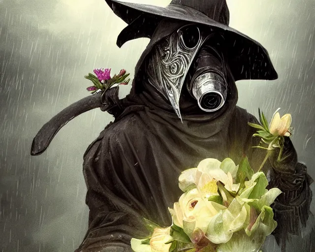 Image similar to plague doctor holding flowers, heavy rain, wind, thunder, reflections, deep focus, d & d, fantasy, intricate, elegant, highly detailed, digital painting, artstation, concept art, matte, sharp focus, illustration, hearthstone, art by artgerm and greg rutkowski and alphonse mucha