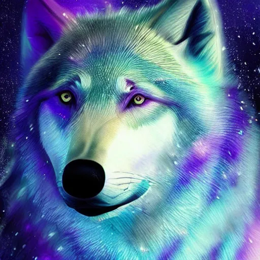 Prompt: of a fantasy sky of purple and blue a wolves face is the whole of sky with 5 0 % opacity and there are stars and galaxy ’ s and his eyes are piercing digital art epic cinematic lighting detailed