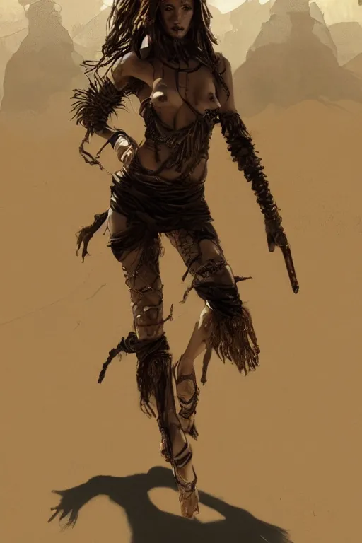 Image similar to a full body portrait of a beautiful post apocalyptic offworld desert bedouin thief savage rogue in ballet pose by the emerald oasis pools, intricate, elegant, highly detailed, digital painting, artstation, concept art, smooth, sharp focus, illustration, art by krenz cushart and artem demura and alphonse mucha