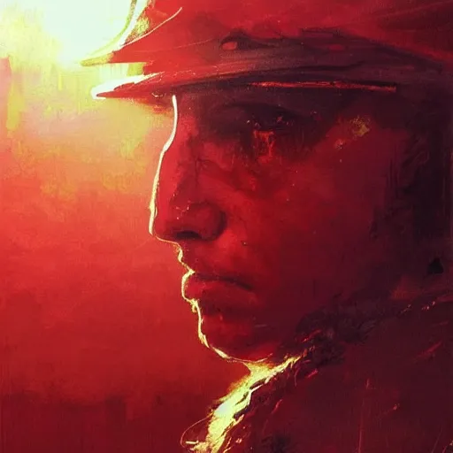 Image similar to golden rays of the glorious sunshine setting down such a blood - red light, colourised, face portrait, epic, tragic, military art, fantasy, dieselpunk, hd shot, digital portrait, beautiful, artstation, comic style, by artgerm, guy denning, jakub rozalski, magali villeneuve and charlie bowater