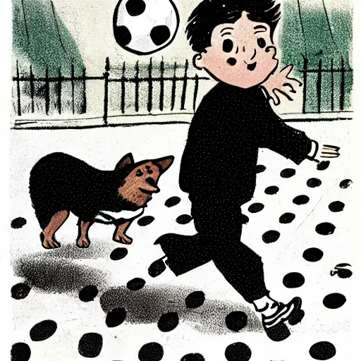 Image similar to illustration of french boy on the streets of paris playing football against a corgi, the dog is wearing a polka dot scarf, comic, 1 9 7 2