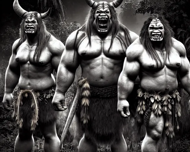 Prompt: hyper realistic group vintage photograph of a live action warcraft orc warrior tribe in the jungle, tall, hulk like physique, detailed faces, tribal paint, tribal armor, grain, old, monochrome, sepia toned, realistic lighting, wide angle