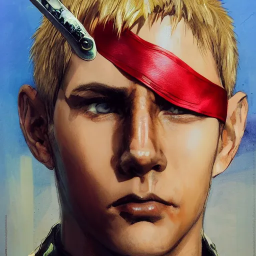 Image similar to portrait of a young white hero using his right arm to hold his sword covering his eye by yoji shinkawa, high quality, extra details, realism, ornate, colored, golden chain, blood, white skin, short hair, brown eyes, vivid, sunlight, red headband, black eyepatch, white american soldier, painting, cybernetics, military