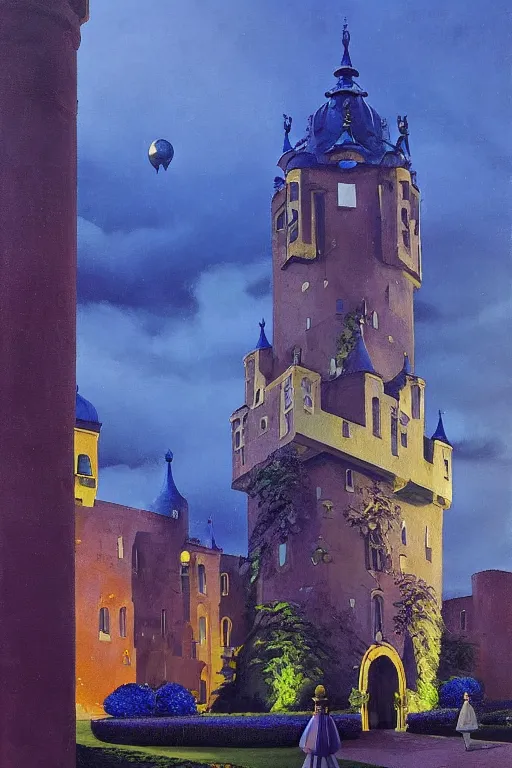 Prompt: view of the mysterious blue tower in its gardens after a storm, tall windows lit up, beautiful ornament, dramatic cinematic lighting, rich colors, by Ludwig Deutsch and April Gornik and Nicholas Roerich and Sylvain Sarrailh