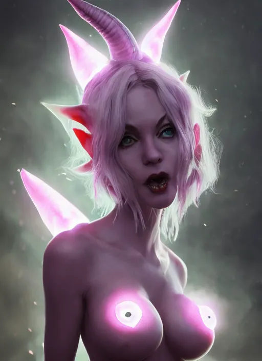 Image similar to imp demon goddess, cute elf ears, strapless dress, character portrait in the style of thomas river and artgerm, cinematic lighting, hyperdetailed, 8 k realistic, symmetrical, global illumination, radiant light,, frostbite 3 engine, cryengine, dof, trending on artstation, digital art, chanel