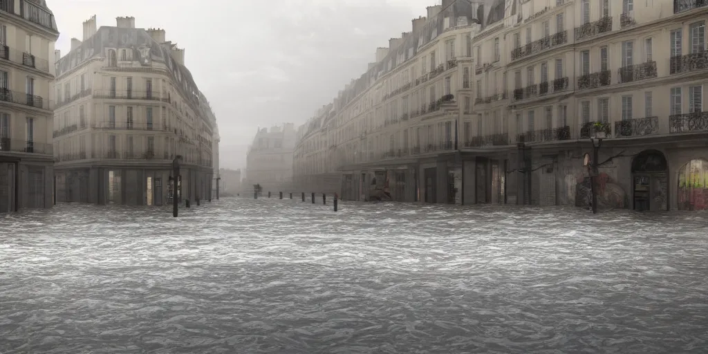 Prompt: Flooding in Paris, old city , big waves, Photo realistic, octane render, rain, lightning