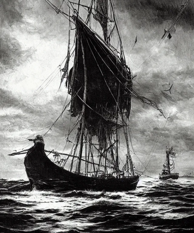 Image similar to realistic photo of a 1 9 2 5 seiner sailing near a small tropical skull shaped island, dark, brooding, atmospheric, lovecraft, horror, smooth, epic, highly detailed, cinematic, by clyde caldwell