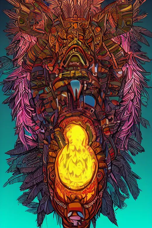 Image similar to totem animal tribal chaman vodoo mask feather gemstone plant wood rock video game illustration vivid color borderlands by josan gonzales and dan mumford radiating a glowing aura