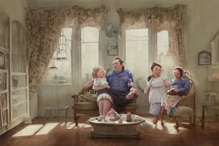 Image similar to charming and chubby parents and their very fat baby girl, wearing a polka dot cloths and a victorian - style hairdo, sits in the large and bright studio. sunlight enters through the barred window. delicate watercolor and pencil on canvas. beautiful lighting, 4 k post - processing, highly detailed, 5 k extremely detailed, 3 d. cinematic scene.